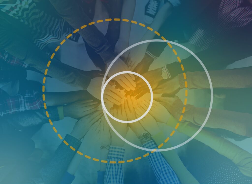 A team hand-stack with circular graphic overlays demonstrating how PAN is charting a course together with its employees and clients