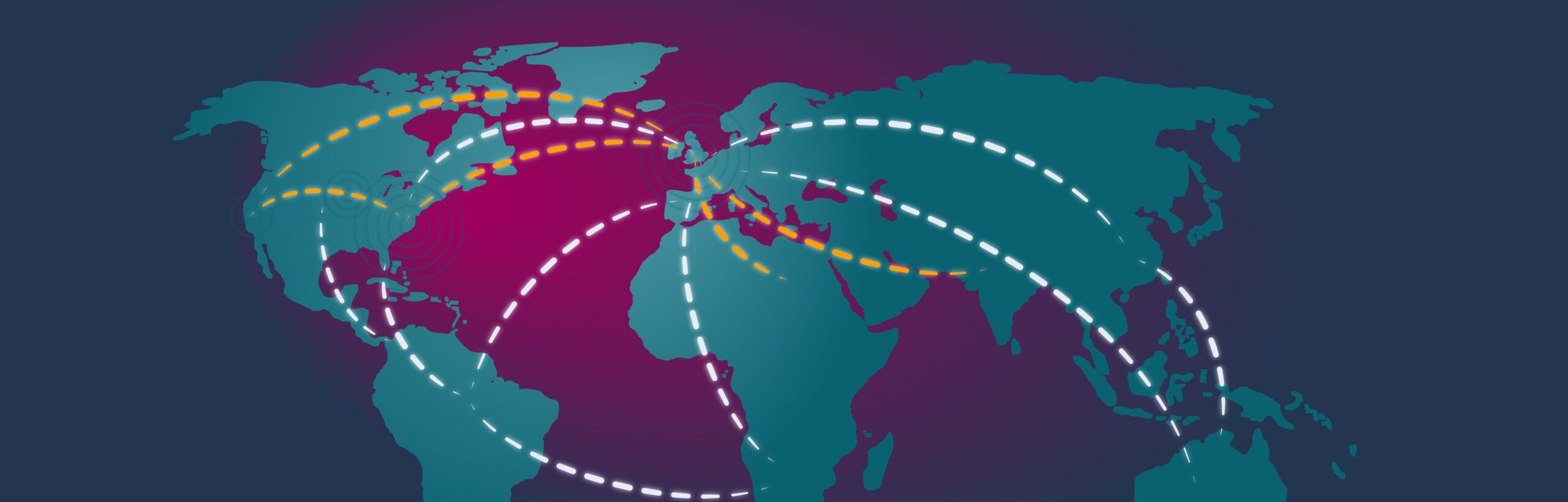 Map of the world with radiating lines and dashed lines connecting to show global impact