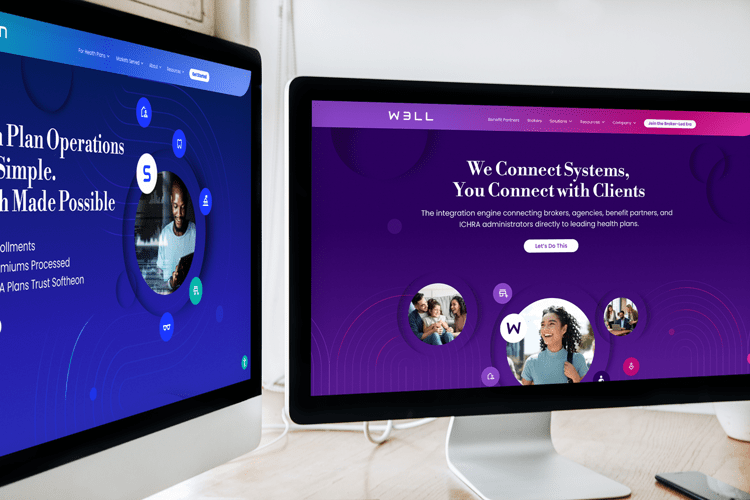 Two desktop computers with homepage website, hero spaces of websites, Softheon and W3LL